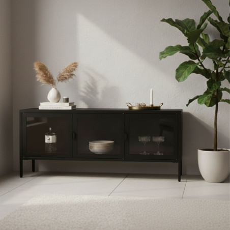 Meuble TV 3 portes en verre et acier noir - HENIO