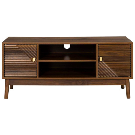 Meuble TV 2 portes 2 niches en bois MDF pieds pin teinté chêne foncé - COTELE