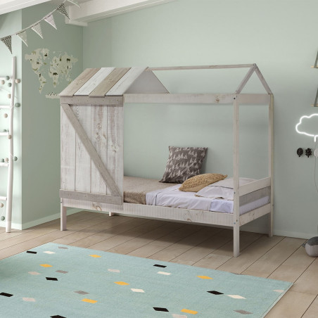 Lit cabane 90x190 cm pin massif blanc et gris rustique - RUDEN