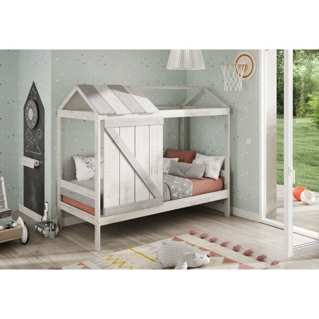 Lit cabane 90x190 cm pin massif blanc et gris rustique - RUDEN