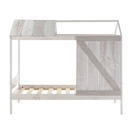 Lit cabane 90x190 cm pin massif blanc et gris rustique - RUDEN