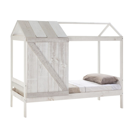 Lit cabane 90x190 cm pin massif blanc et gris rustique - RUDEN