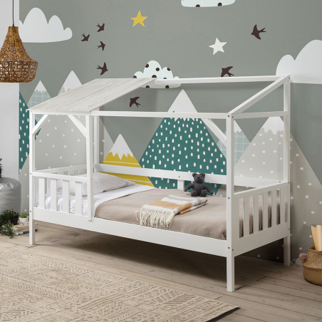 Lit cabane 90x200 cm en MDF et pin blanc vieilli - GALEN