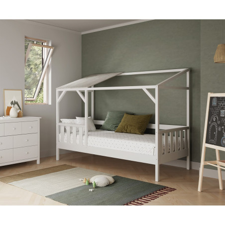 Lit cabane 90x200 cm en MDF et pin blanc vieilli - GALEN