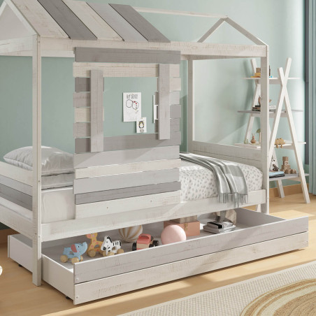 Lit cabane 90 x 200 cm bois aspect vieilli blanc et grisé - ROSALIO