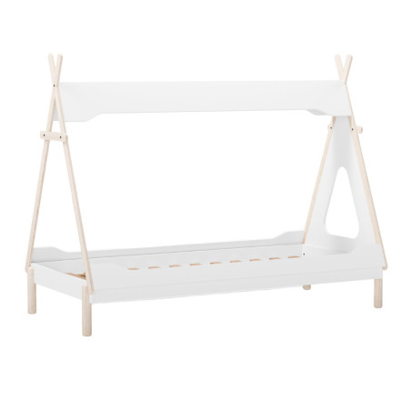 Lit tipi 90x190 en MDF et pin massif laqué blanc ciré naturel - NOLIANOR