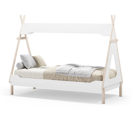 Lit tipi 90x190 en MDF et pin massif laqué blanc ciré naturel - NOLIANOR