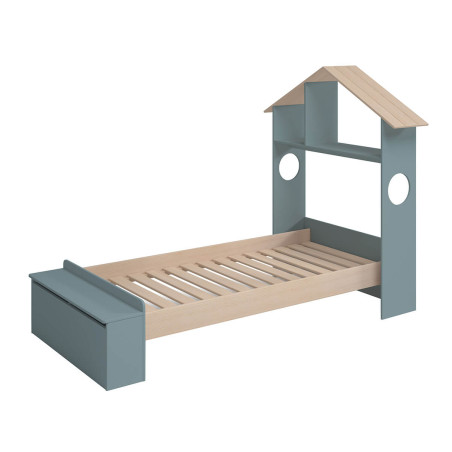 Lit 90x190 cm tête de lit cabane et banc-coffre gris vert naturel - SKILEN