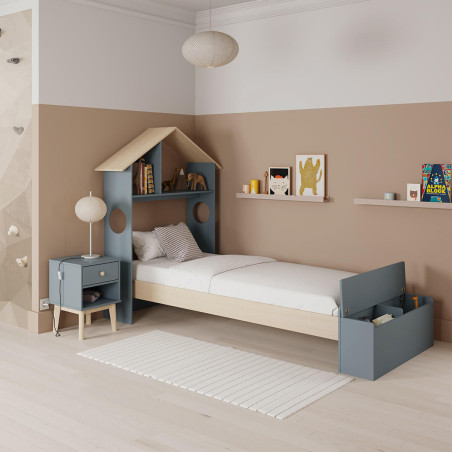 Lit 90x190 cm tête de lit cabane et banc-coffre gris vert naturel - SKILEN