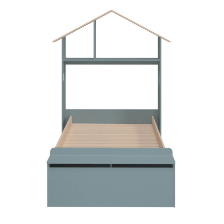 Lit 90x190 cm tête de lit cabane et banc-coffre gris vert naturel - SKILEN