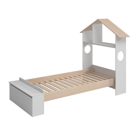 Lit 90x190 cm tête de lit cabane et banc-coffre blanc naturel - SKILEN