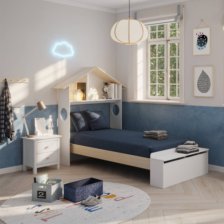Lit 90x190 cm tête de lit cabane et banc-coffre blanc naturel - SKILEN