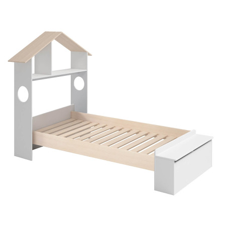 Lit 90x190 cm tête de lit cabane et banc-coffre blanc naturel - SKILEN
