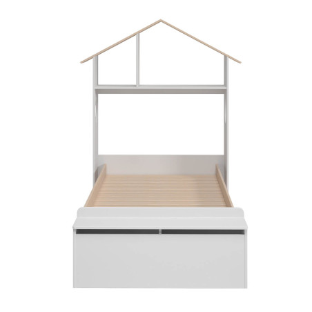 Lit 90x190 cm tête de lit cabane et banc-coffre blanc naturel - SKILEN