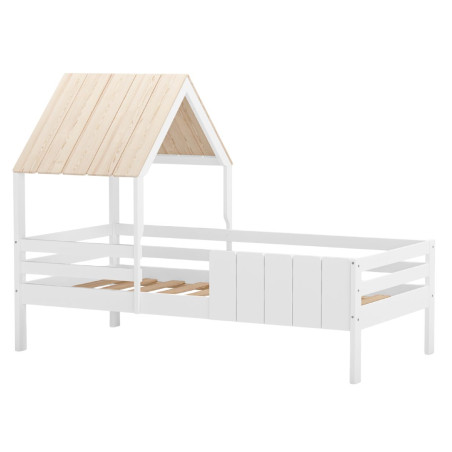 Lit barrières 90x190 avec tête de lit cabane laqué blanc et pin naturel - NADIOR