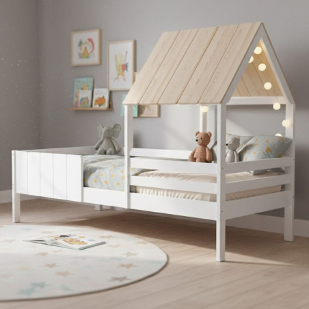 Lit barrières 90x190 avec tête de lit cabane laqué blanc et pin naturel - NADIOR