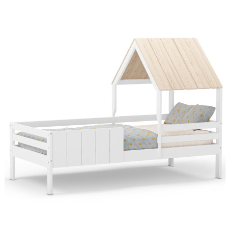 Lit barrières 90x190 avec tête de lit cabane laqué blanc et pin naturel - NADIOR