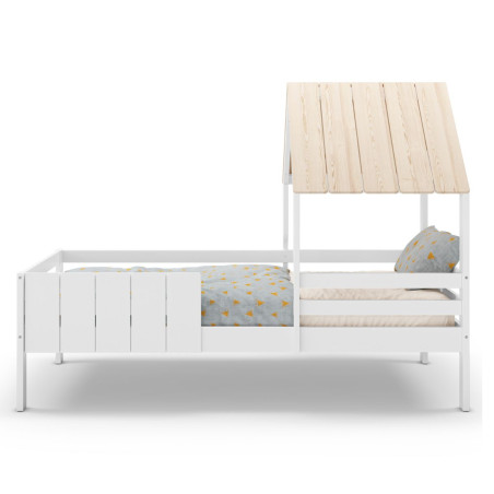 Lit barrières 90x190 avec tête de lit cabane laqué blanc et pin naturel - NADIOR