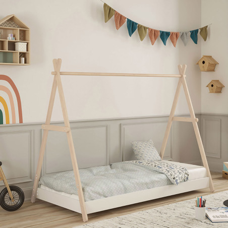 Lit tipi 90x200 cm hauteur réglable en MDF et pin blanc - KANEN