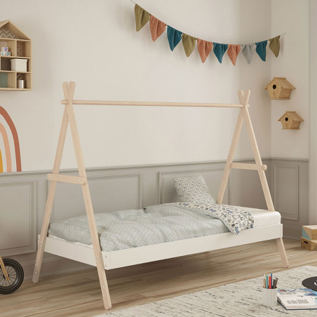 Lit tipi 90x200 cm hauteur réglable en MDF et pin blanc - KANEN
