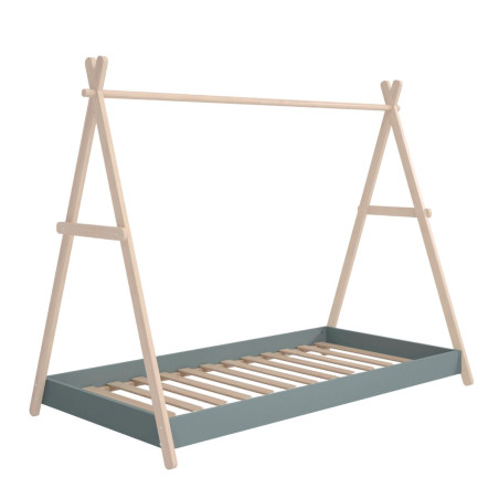 Lit tipi 90x200cm hauteur réglable laqué vert kaki et pin massif naturel - KANEN
