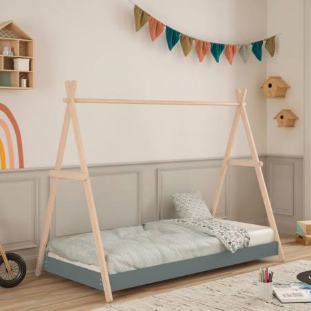 Lit tipi 90x200cm hauteur réglable laqué vert kaki et pin massif naturel - KANEN