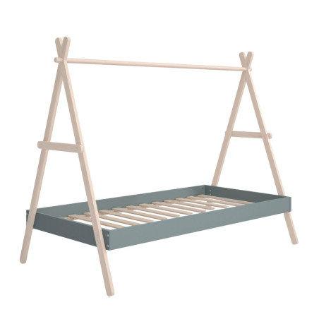 Lit tipi 90x200cm hauteur réglable laqué vert kaki et pin massif naturel - KANEN