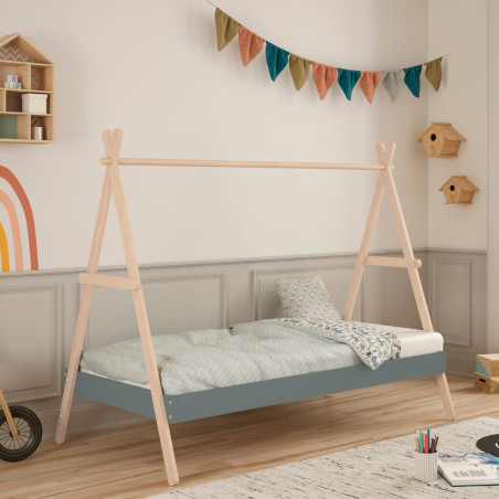 Lit tipi 90x200cm hauteur réglable laqué vert kaki et pin massif naturel - KANEN