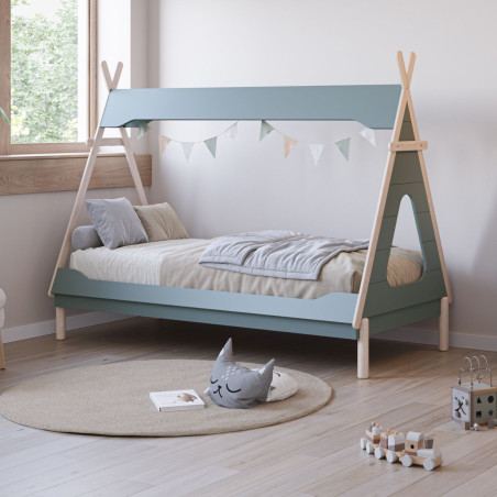 Lit tipi 90x190 en MDF et pin massif laqué vert pétrole - NOLIANOR