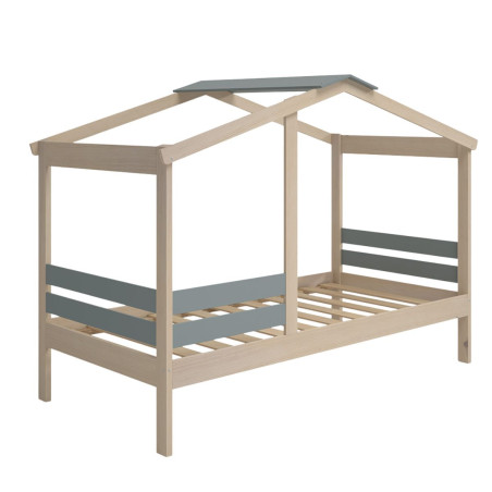 Lit cabane 90x190 avec barrière en pin massif et MDF laqué vert kaki - MESEN