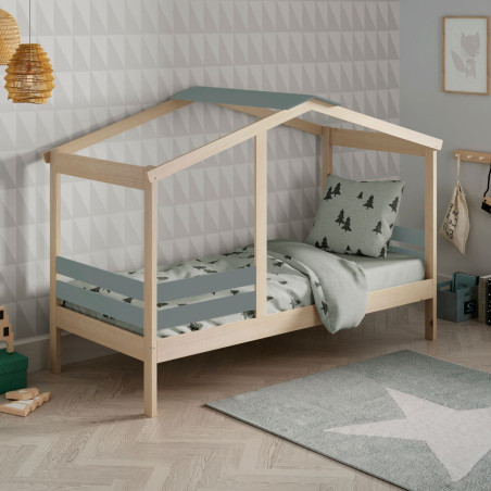 Lit cabane 90x190 avec barrière en pin massif et MDF laqué vert kaki - MESEN