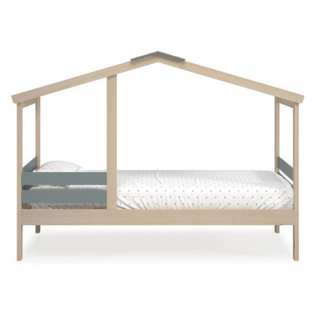 Lit cabane 90x190 avec barrière en pin massif et MDF laqué vert kaki - MESEN