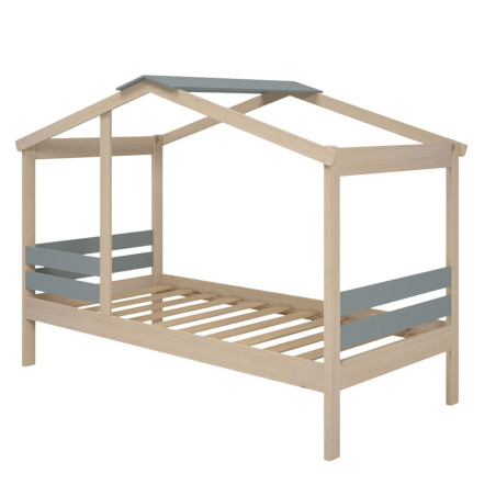 Lit cabane 90x190 avec barrière en pin massif et MDF laqué vert kaki - MESEN