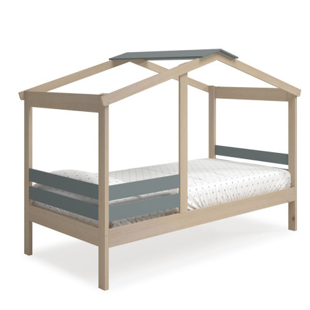 Lit cabane 90x190 avec barrière en pin massif et MDF laqué vert kaki - MESEN
