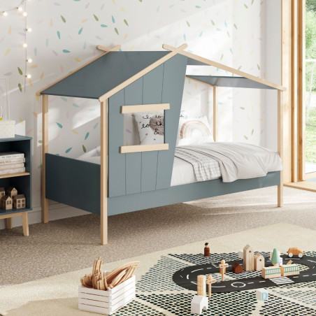 Lit maison 90x190 avec fenêtre en pin massif naturel laqué vert kaki - LUBINOR