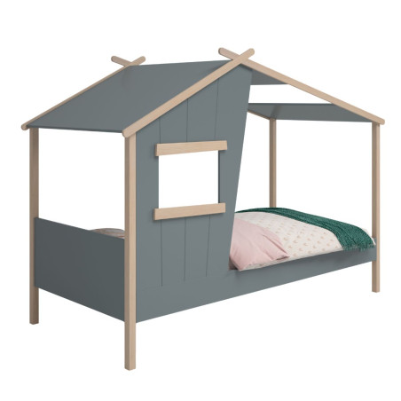 Lit maison 90x190 avec fenêtre en pin massif naturel laqué vert kaki - LUBINOR
