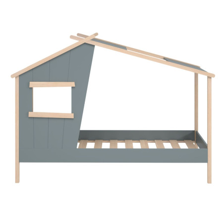 Lit maison 90x190 avec fenêtre en pin massif naturel laqué vert kaki - LUBINOR