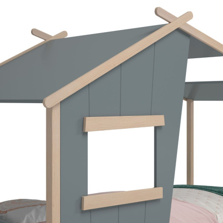 Lit maison 90x190 avec fenêtre en pin massif naturel laqué vert kaki - LUBINOR