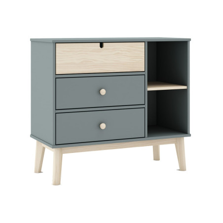 Commode 3 Tiroirs 2 Niches en Pin Massif MDF Gris Vert Naturel - KAINEN