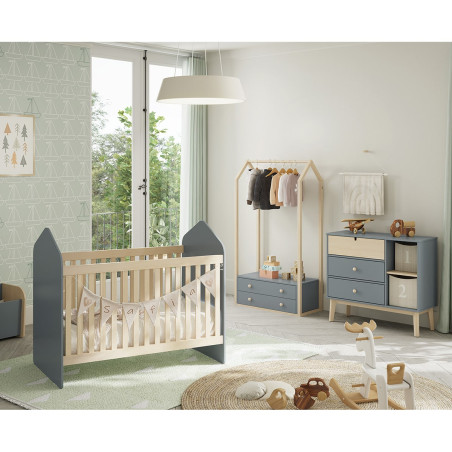 Commode 3 Tiroirs 2 Niches en Pin Massif MDF Gris Vert Naturel - KAINEN