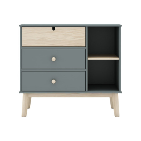 Commode 3 Tiroirs 2 Niches en Pin Massif MDF Gris Vert Naturel - KAINEN