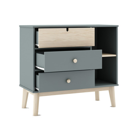 Commode 3 Tiroirs 2 Niches en Pin Massif MDF Gris Vert Naturel - KAINEN