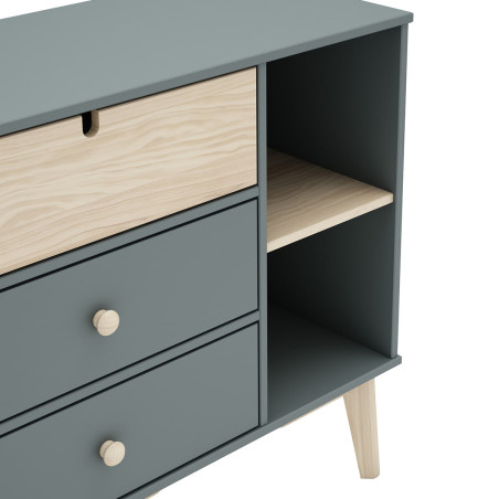 Commode 3 Tiroirs 2 Niches en Pin Massif MDF Gris Vert Naturel - KAINEN