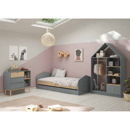 Commode 3 Tiroirs 2 Niches en Pin Massif MDF Gris Vert Naturel - KAINEN