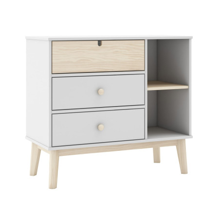 Commode 3 Tiroirs 2 Niches MDF et Pin Blanc et Naturel - KAINEN