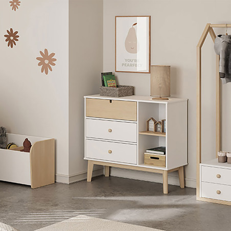 Commode 3 Tiroirs 2 Niches MDF et Pin Blanc et Naturel - KAINEN
