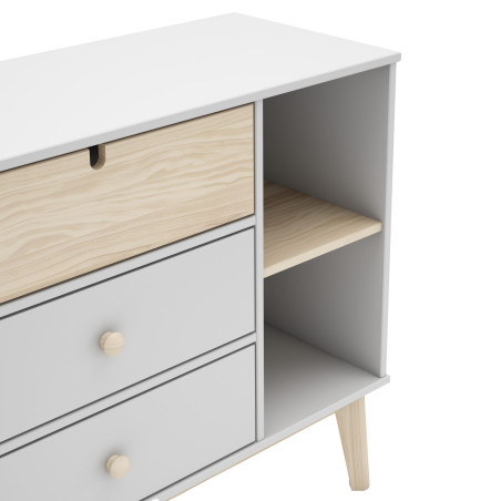 Commode 3 Tiroirs 2 Niches MDF et Pin Blanc et Naturel - KAINEN