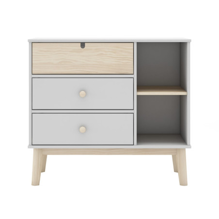 Commode 3 Tiroirs 2 Niches MDF et Pin Blanc et Naturel - KAINEN