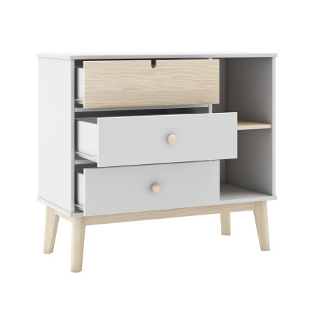 Commode 3 Tiroirs 2 Niches MDF et Pin Blanc et Naturel - KAINEN