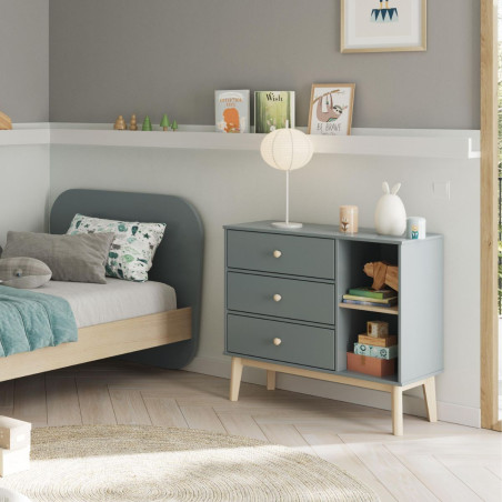 Commode 2 tiroirs 2 niches en pin massif et MDF laqué kaki et naturel - KAINEN